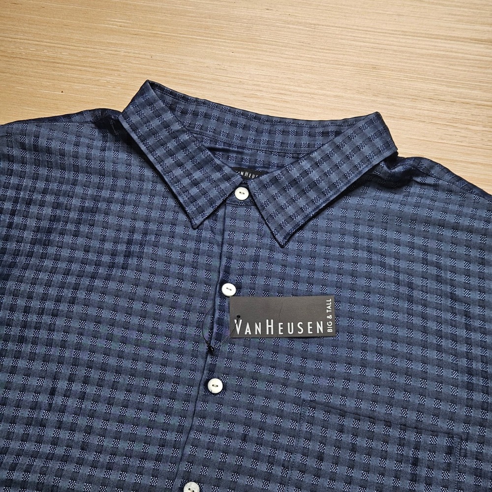 Van Heusen Button Up Shirt Mens 4XL Blue Rayon Blend Short Sleeve Check NEW